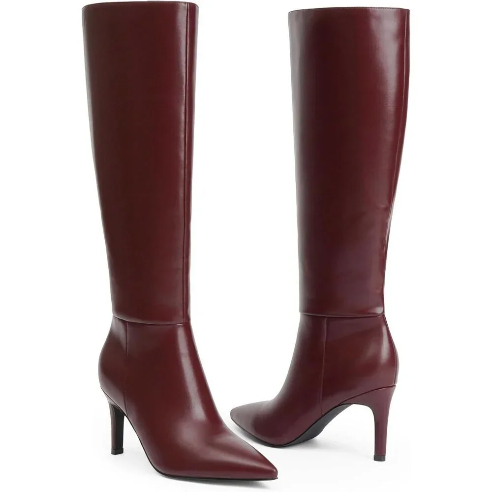 Women Burgundy Faux Leather Pointed Toe Tall Stiletto High Zipper Dress Boot